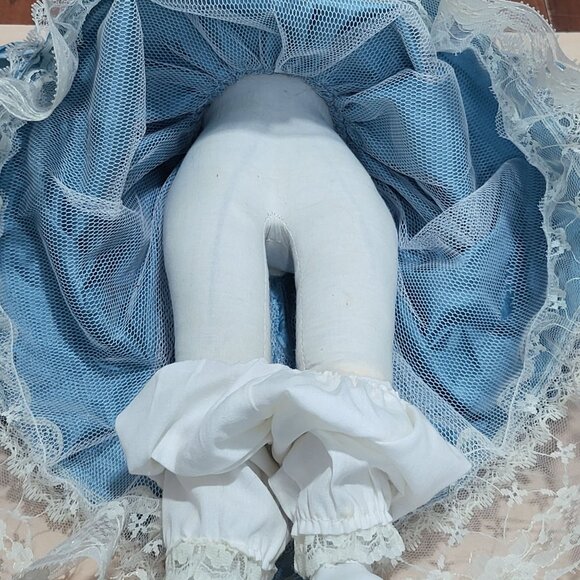 VTG Porcelain Doll Green Eyes Blue Satin Dress White Lace Trim Matching Bonnet - Picture 7 of 14